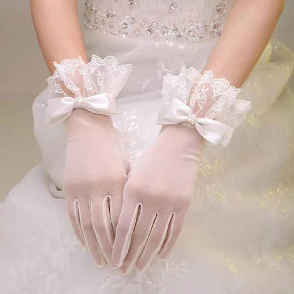 1 Pair Mesh Bow Knot Gloves Short Glove Lace Gloves Women White Satin Gloves Wedding  Ladies/Girls