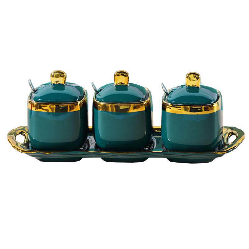Nordic Style Ceramic Seasoning Jar Set with Gold-Edged Lids: Includes Salt Shaker & MSG Can.