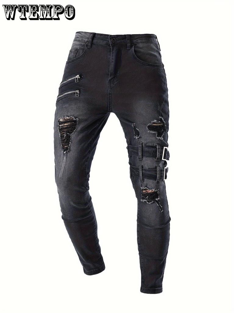Men's Casual Skinny Biker Jeans, Chic Street Style Medium Stretch Denim Pants