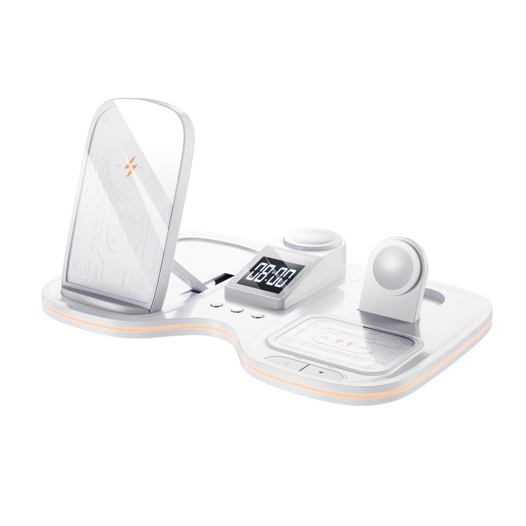 Custom logo Corporate Gift Multifunctional 15W Fast Charger Alarm Clock RGB Ambient Night Light 6 in 1 Wireless Charger Foldable