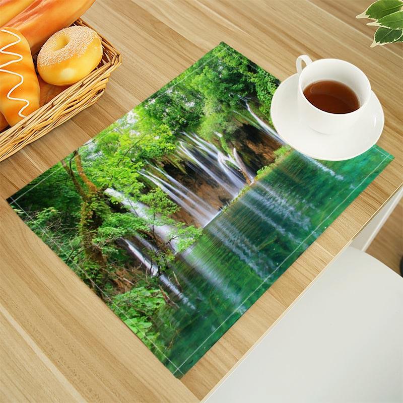 Natural Waterfall Print Linen Dining Table Mats Alphabet Kitchen Placemat 30X45cm Coasters Pads Bowl Cup Mat