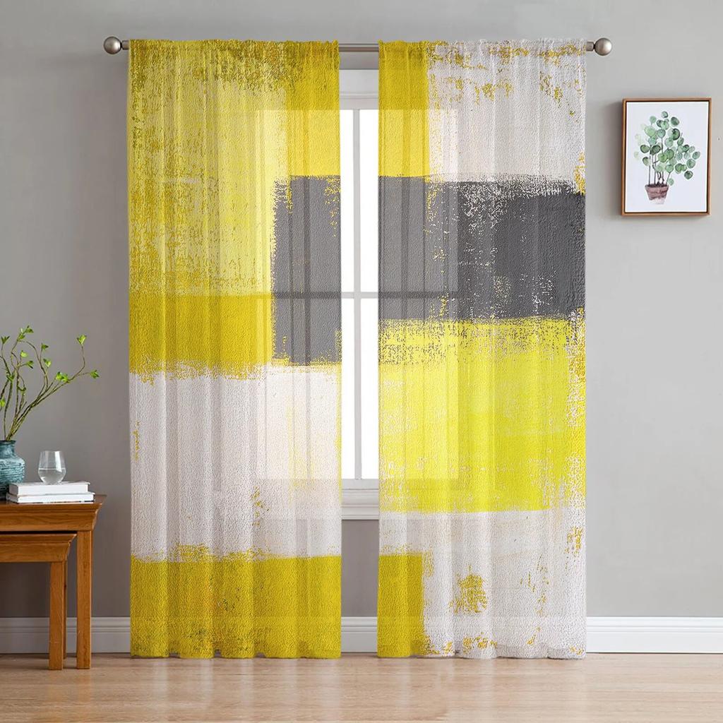 Oil Painting Abstract Geometric Yellow Modern Curtains for Living Room Tulle Curtains Window Sheer for Bedroom Accessories Decor