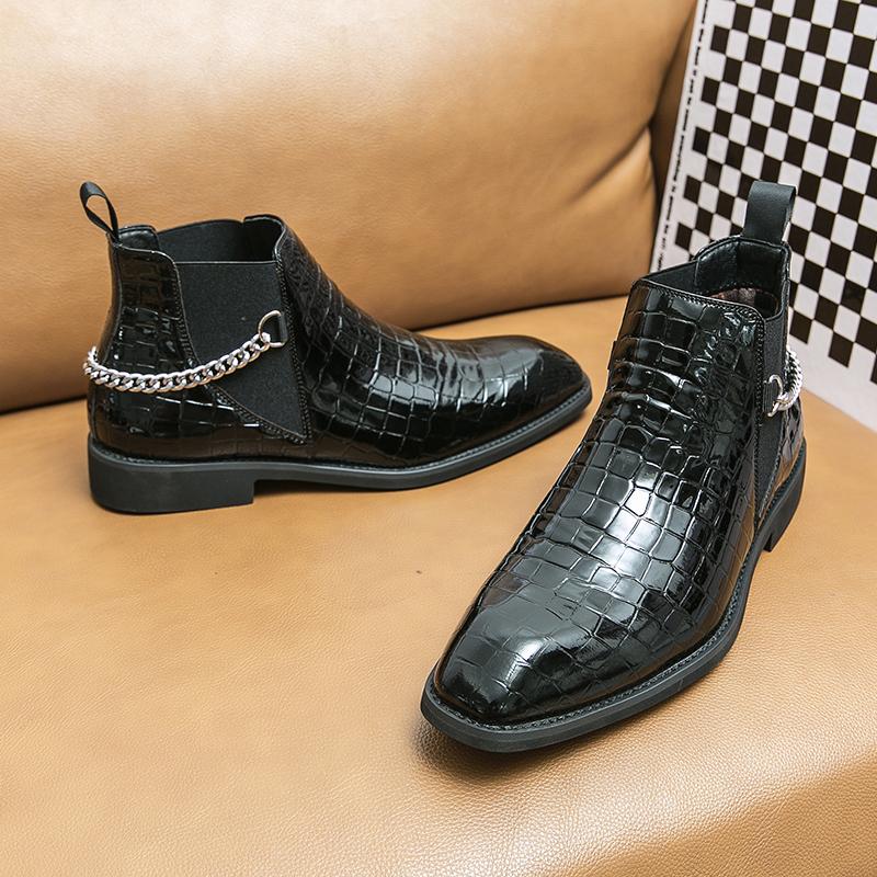 Мода Новая Мода Ботинки Челси Мужские Кожаные Ботинки Металлическая Цепь Декоративные Ботинки Роскошные Деловые Слипоны Крокодилы Серые Ботильоны