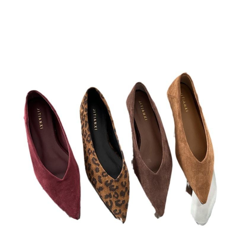 Retro Flat Heel Pointed Head Shallow Mouth Single Shoes Women's Shoes Suede Temperament One Pedal V Mouth Soft Sole Inner Height Increase Flat Shoes