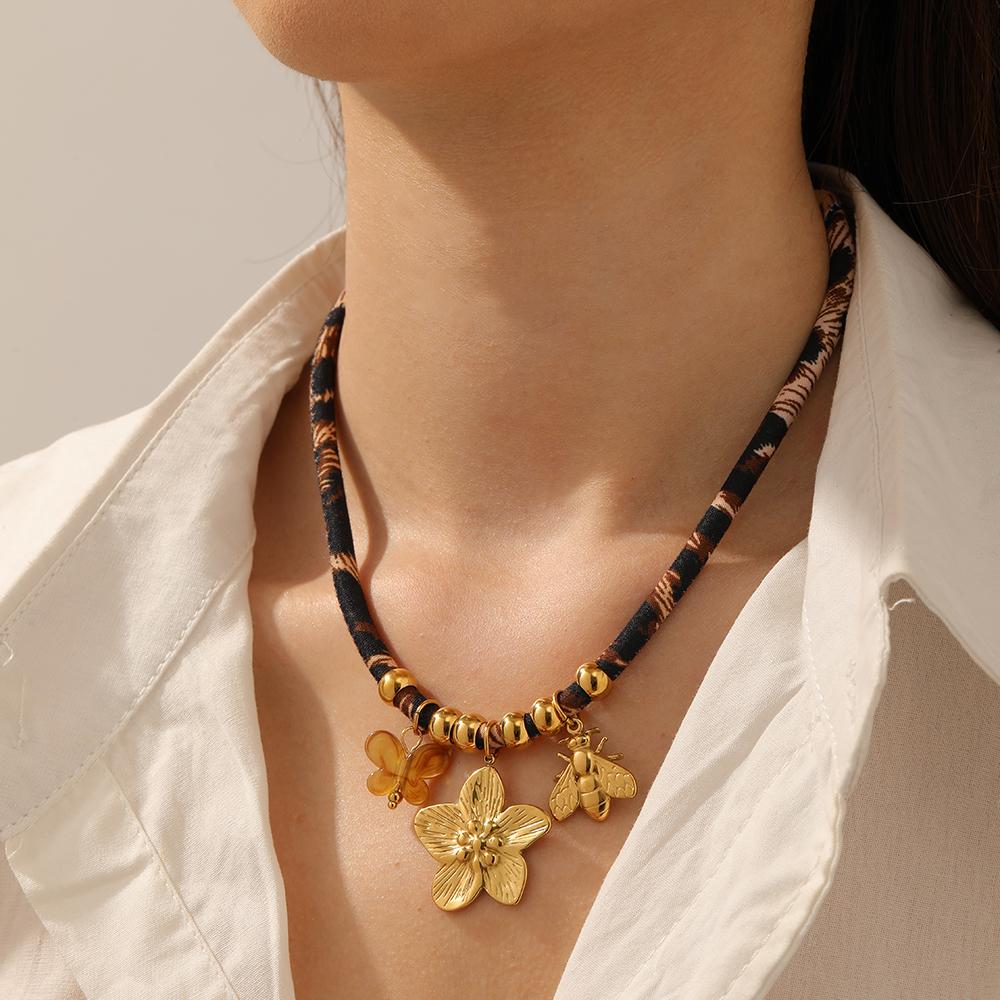 DIEYURO 316L Stainless Steel Golden Flower Butterfly Bee Pendant Necklace For Women New Fashion Leopard Print Rope Chain Jewelry