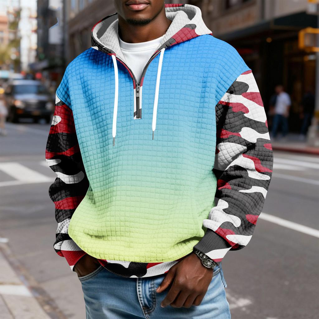 Мужской худи-пуловер в клетку с капюшоном на молнии до середины, со шнурком и принтом, повседневная спортивная толстовка
