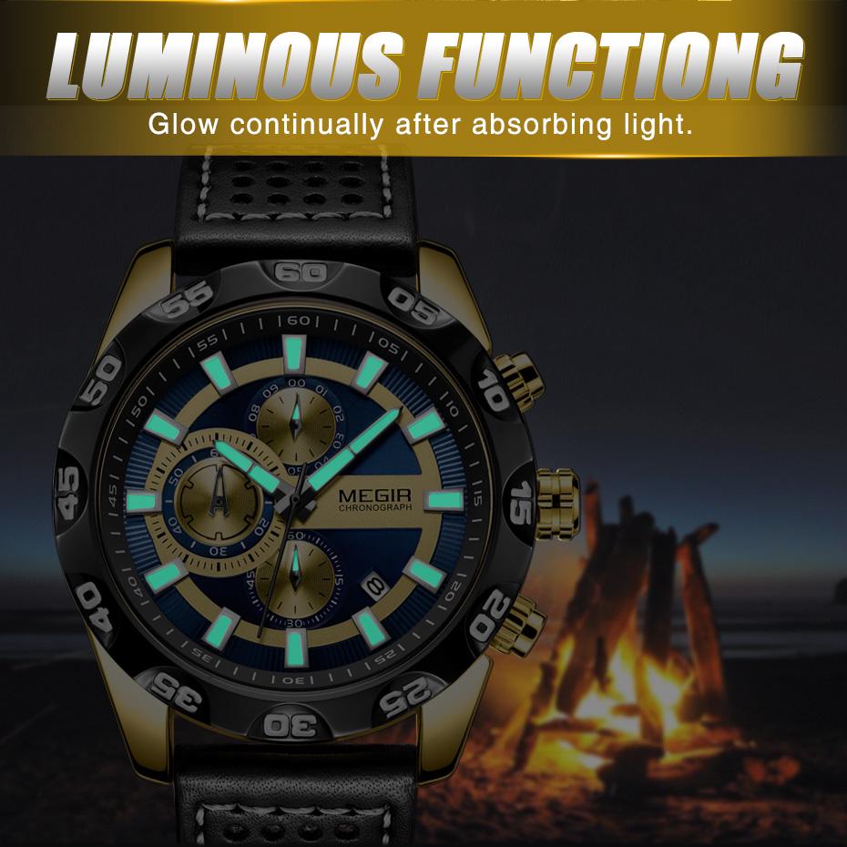MEGIR Watches for Men Luxury Sports Military Wristwatch Waterproof Luminous Quartz Chronograph Leather Strap Casual Clock 2096