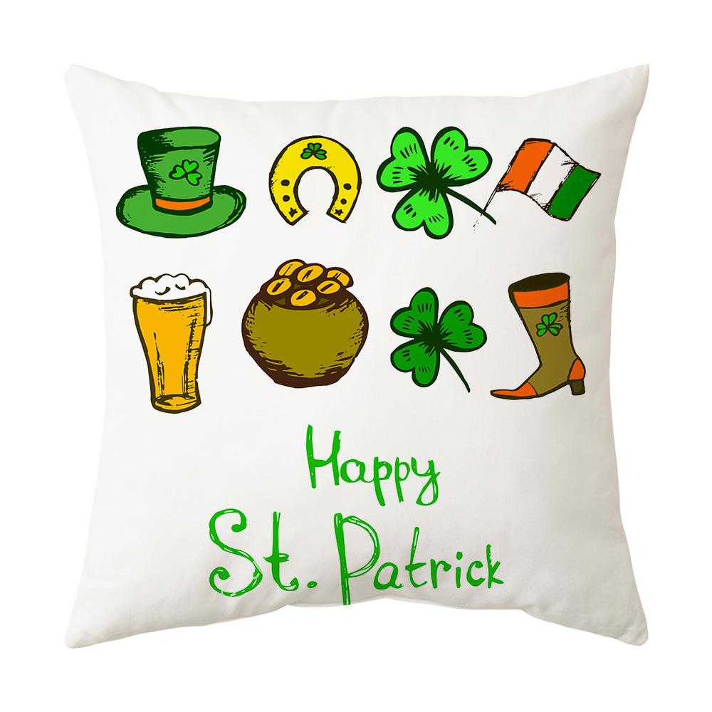 Irish National Day Cushion St. Patrick's Day Cushion Cover Green Cartoon Letters Four-Leaf Clover Sofa Cushion Cover