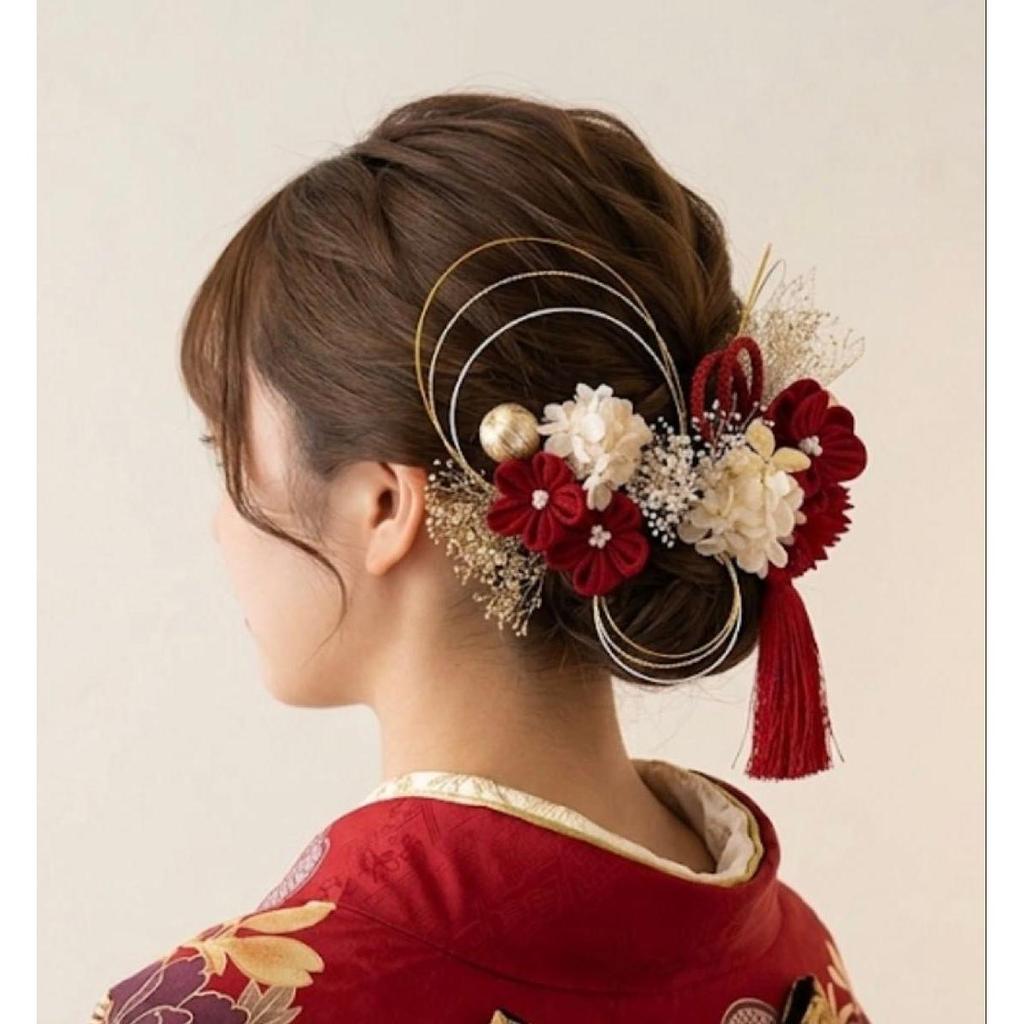 Used Tsumami craft x dried flower hair ornament Red gold white Mizuhiki Japanese ball gold leaf