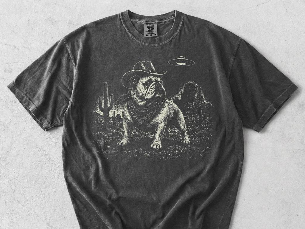 English Bulldog UFO Western Comfort Colors T-Shirt - Cowboy Bulldog Desert Shirt, Vintage Ranch Dog Mom Dad Gift