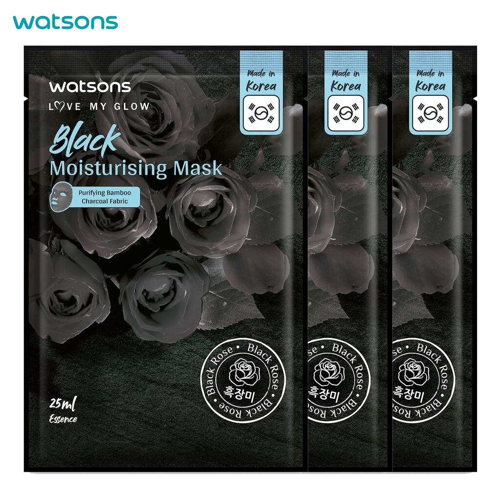 Watsons Love My Glow Black Moisturising Mask, Purify Bamboo Charcoal Fabric, Black Rose, 25 Ml. X 3 Pcs - Facial Mask, Mask Sheet
