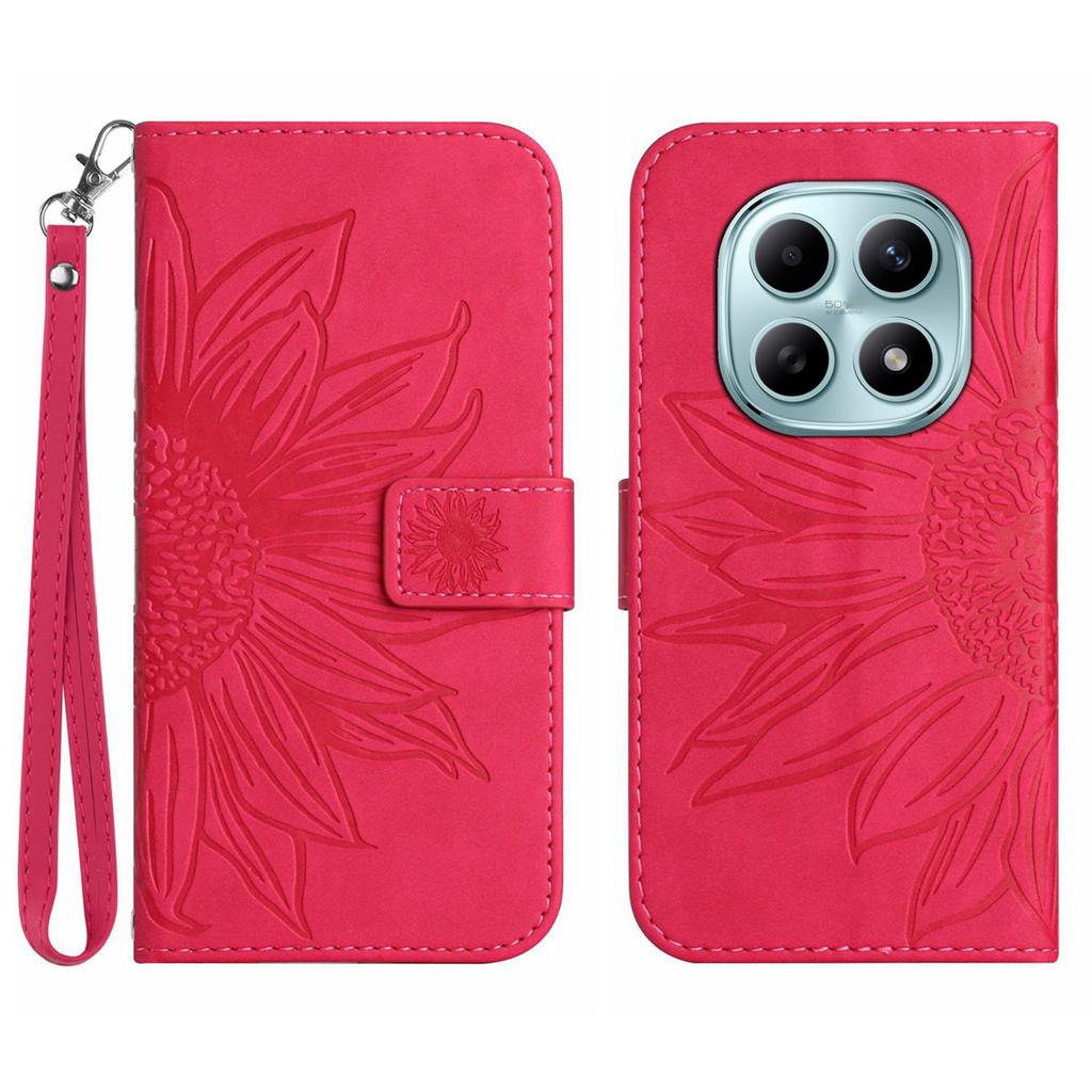 Для Xiaomi Poco M8 5G/Redmi Note 15 5G (Глобальный)/15 4G (Глобальный) Чехол-портмоне из кожи с принтом подсолнухов и ремешком на запястье.