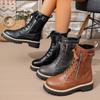 New Women's Fashion Boots for Autumn and Winter with Front Lacing Solid Color Low-heeled Mid-leg Boots Plus Size