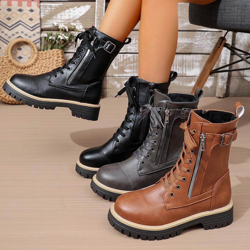 New Women's Fashion Boots for Autumn and Winter with Front Lacing Solid Color Low-heeled Mid-leg Boots Plus Size