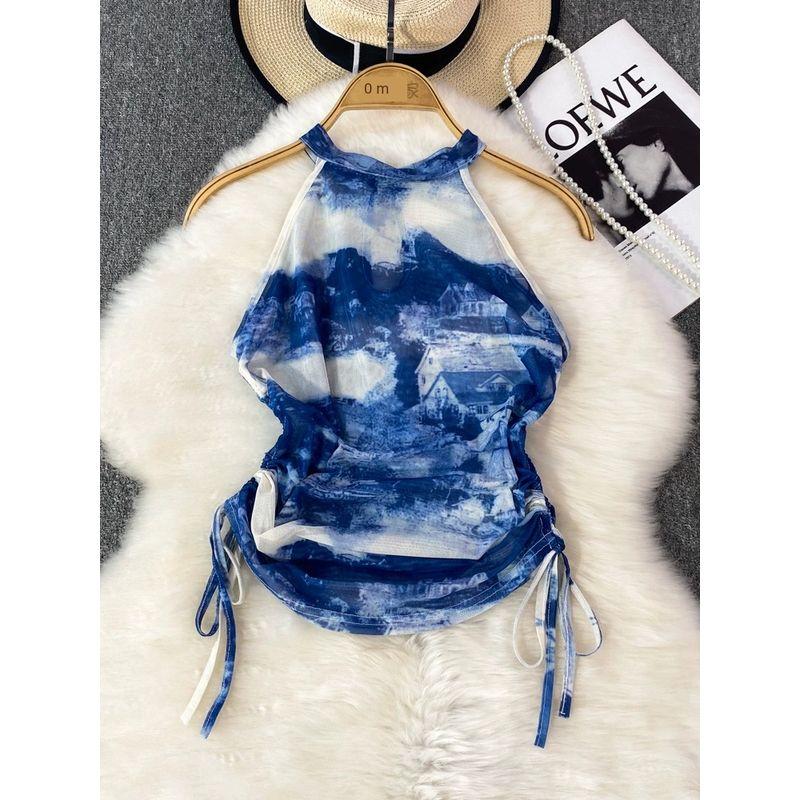 Chinese Style Ink Painting Print Halter Spaghetti Straps Vest Women's Outerwear Western Style Slim Fit Slimming and Short Drawstring Top Summer