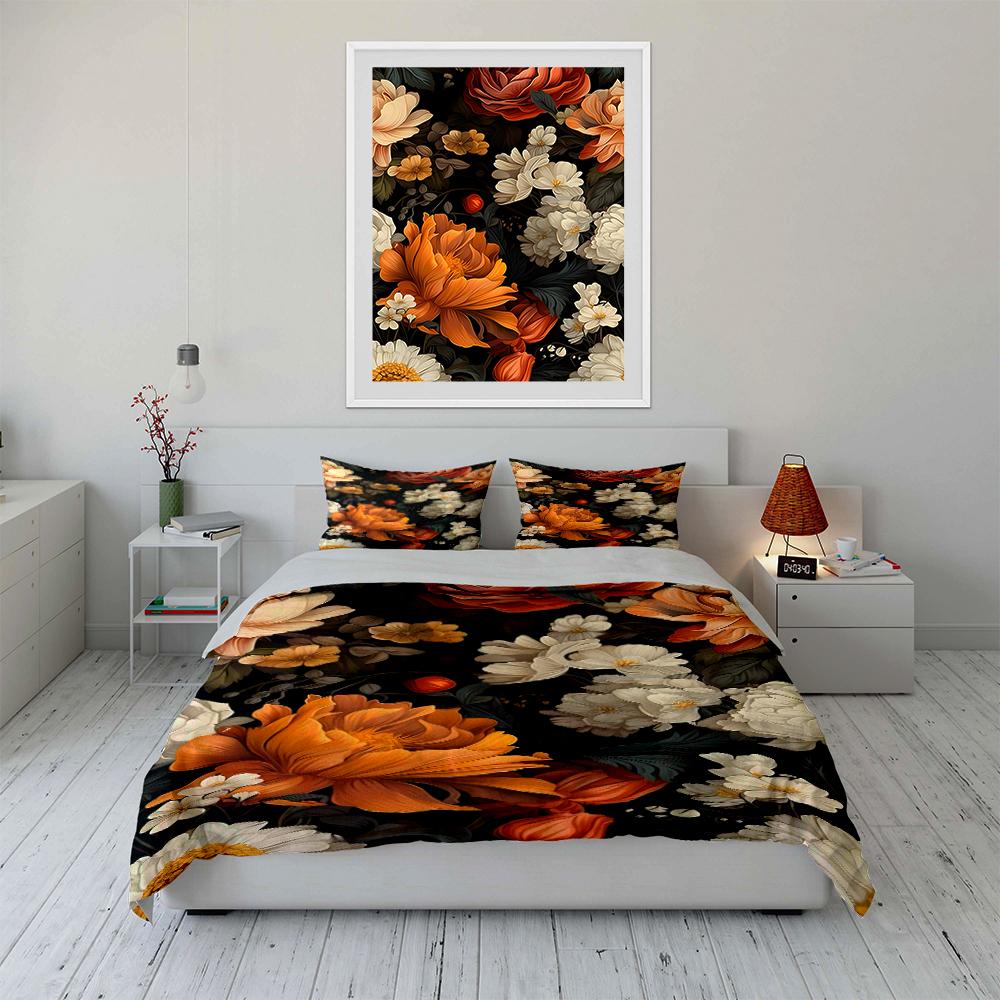 Floral Pattern Bedding Set, Black & Orange Bedding set (1 duvet cover, 2 pillowcases, duvet not included)