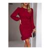 Women's Long Sleeve Crew Neck Front Flounce Imported Crepe New Year's Special Red Winter Dress
