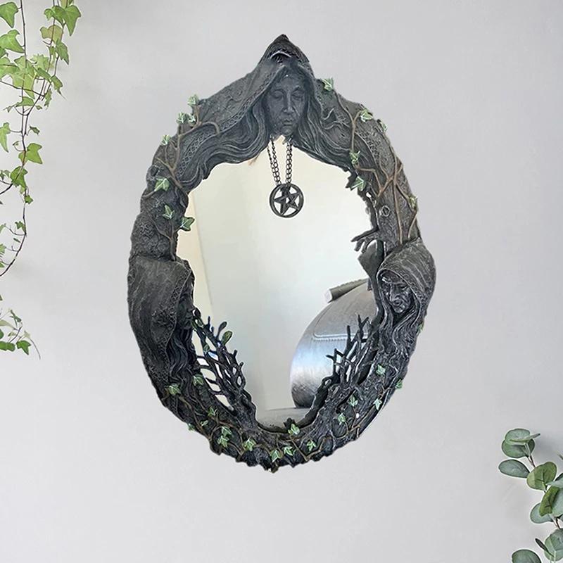 Goddess Triple Moon Celtic Sacred Mother Maiden Crone Wall Hanging Mirror With Pentagram Amulet Pendant Plaque Decor