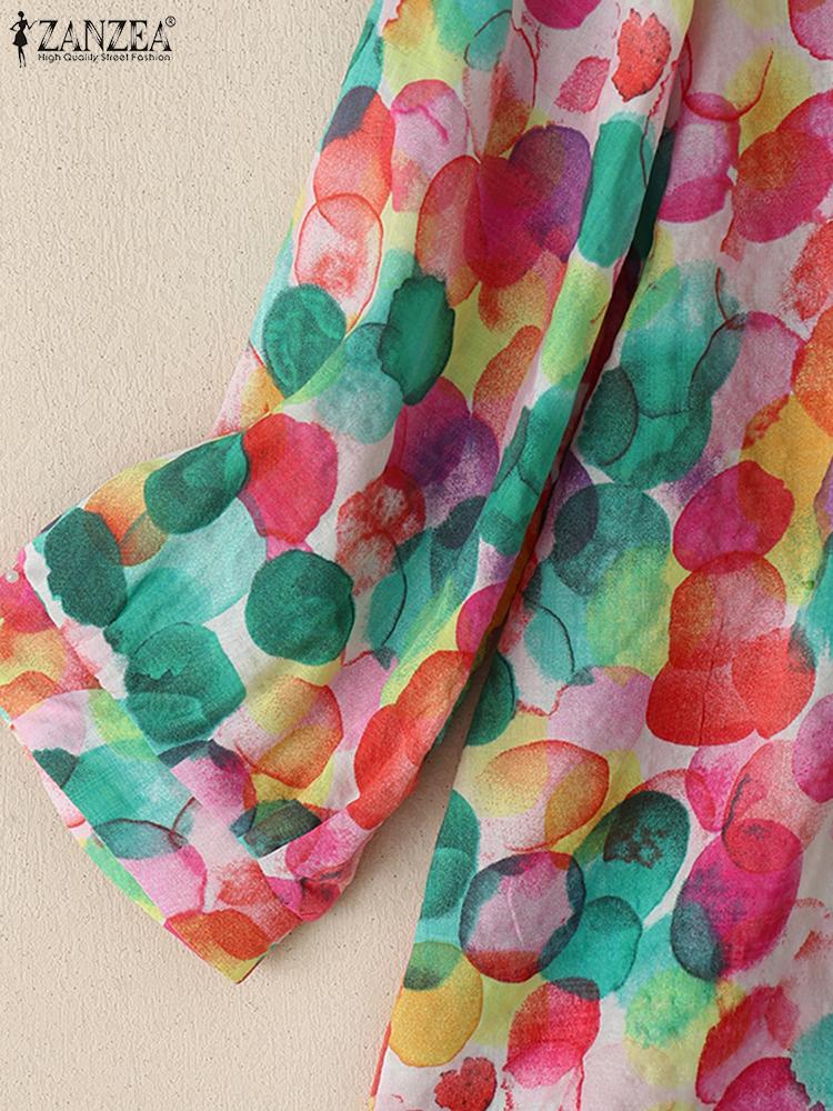 ZANZEA Women Print Casual Round Neck 3/4 Sleeve Loose Blouse