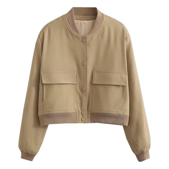 Женская бейсбольная куртка с воротником-стойкой, длинным рукавом, однобортная, однотонная, с пуговицами и карманами, короткая, уличная, женская куртка