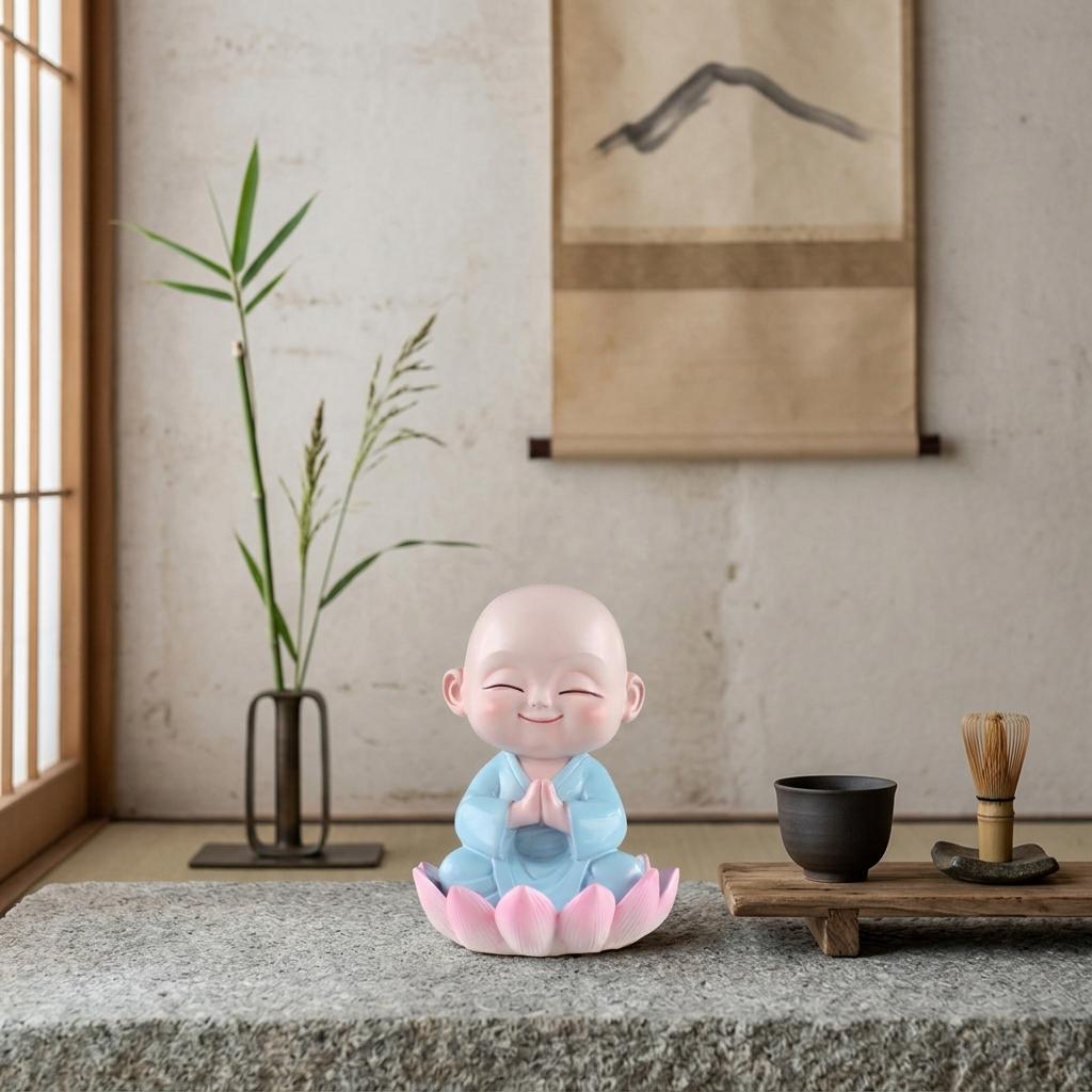 Resin Lotus Holding Monk Figurine Zen-Style Decor for Home Car Office