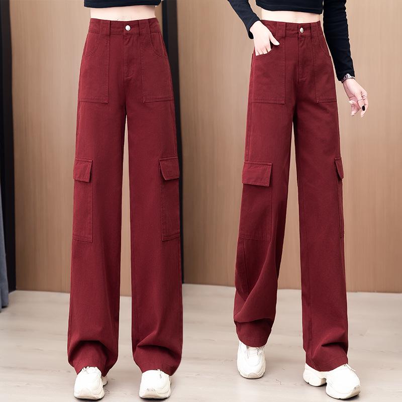 Women's Burgundy High-Waist Wide-Leg Pants - Slimming & Versatile for Spring/Autumn 2025