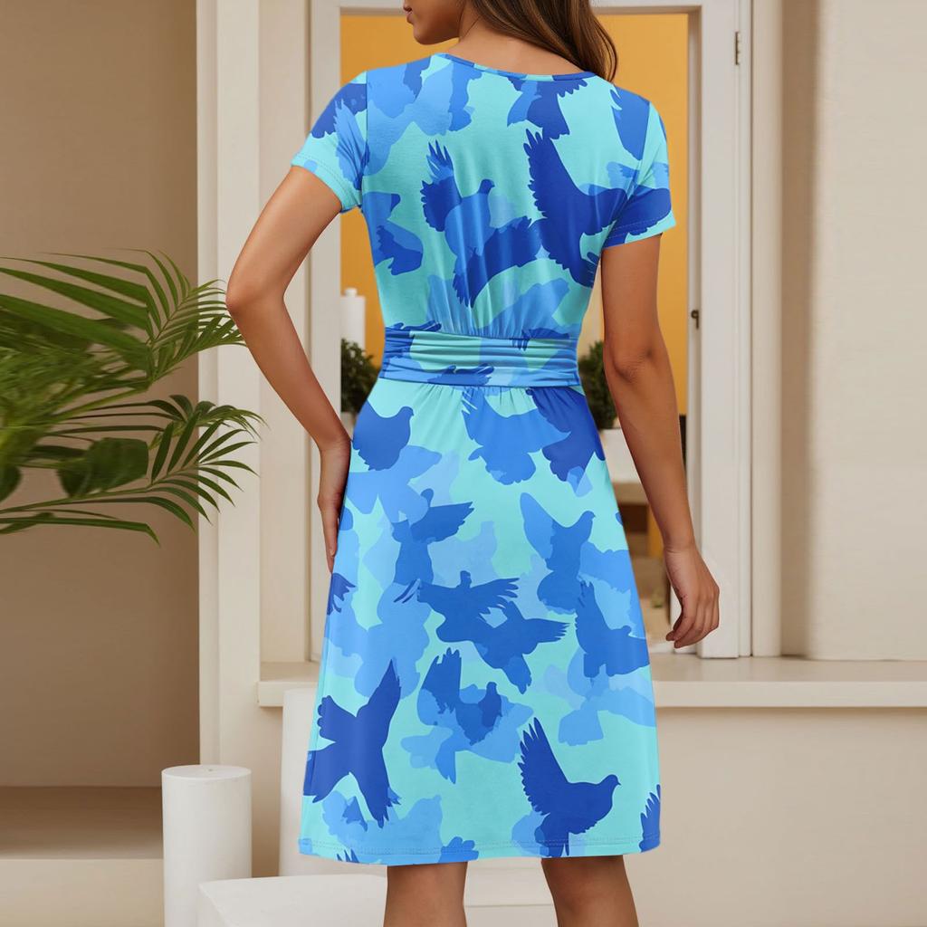 Женское повседневное модное платье миди А-силуэта с круглым вырезом, плиссированными короткими рукавами и цветочным принтом