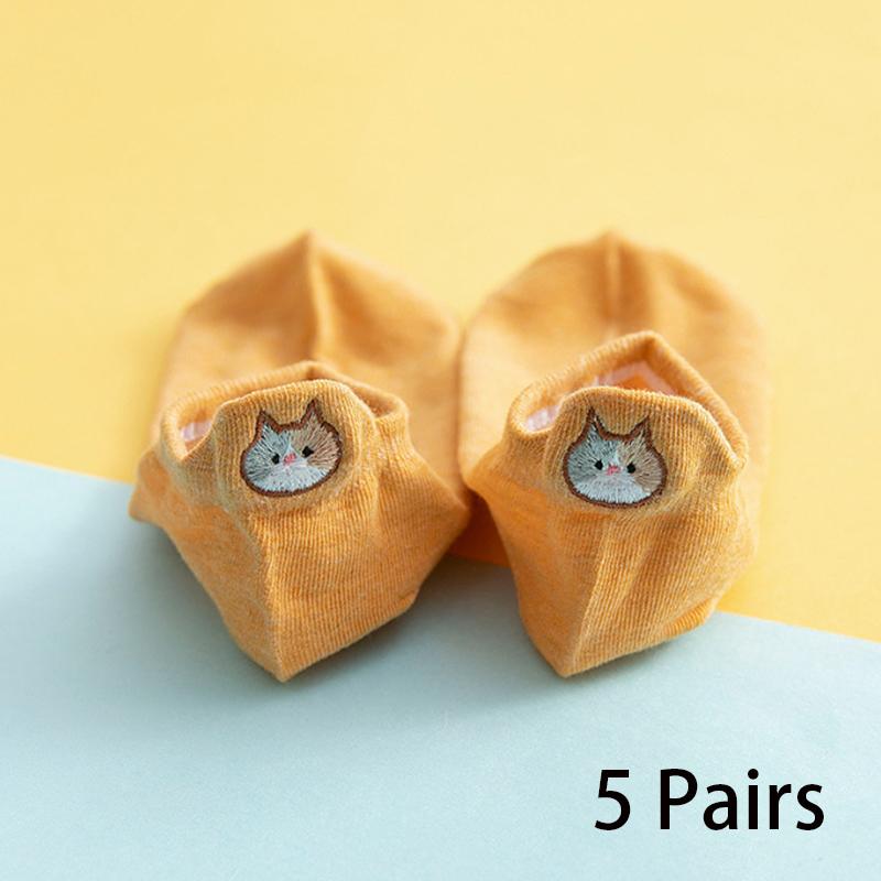 5/10 пар женских носков до щиколотки, мультяшная вышивка, кошка, забавные короткие носки, модные носки-невидимки с низким вырезом, мягкие повседневные женские носки-лодочки