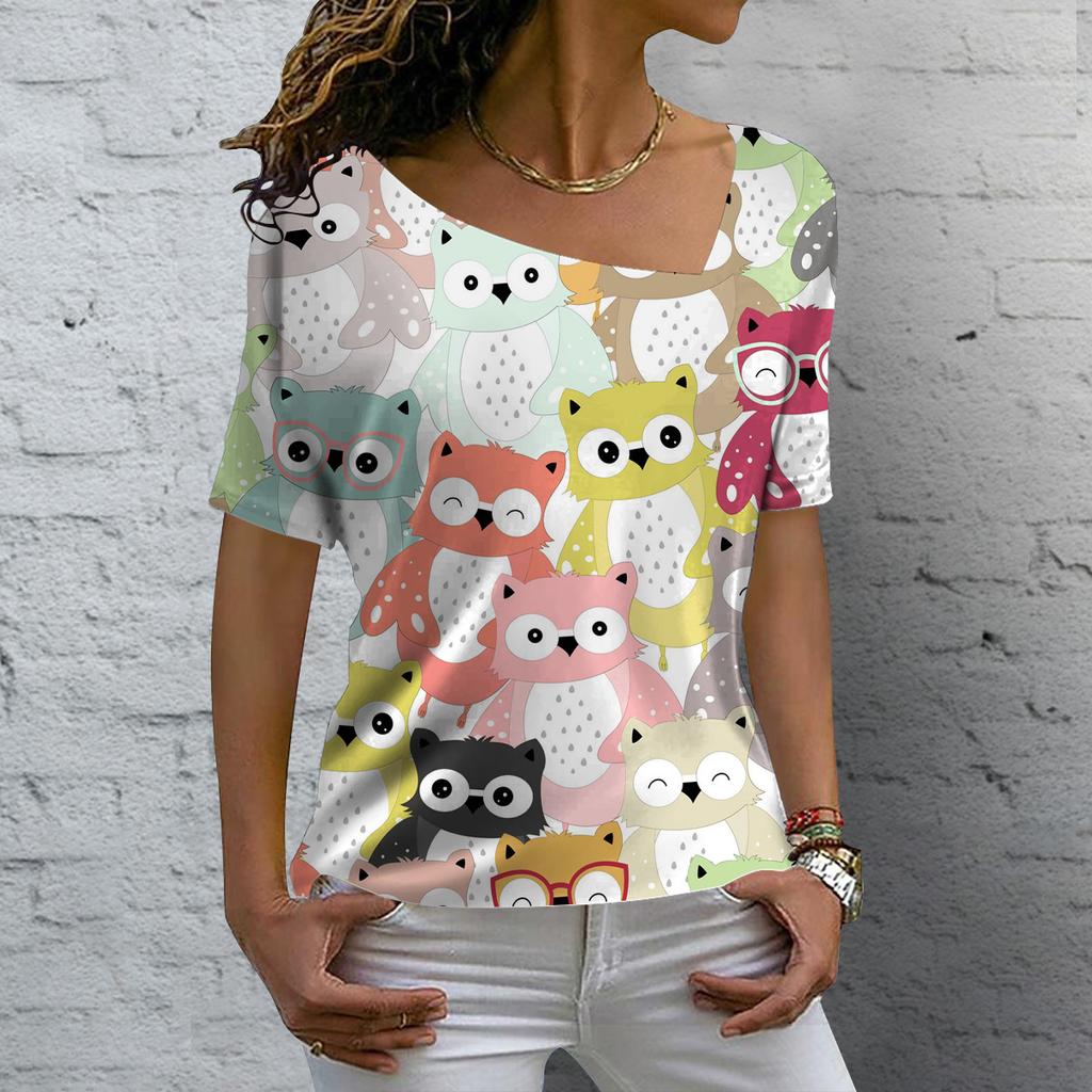Женские футболки с v-образным вырезом, топы с короткими рукавами и принтом милых котов, летние модные повседневные футболки Kawaii, уличная женская одежда