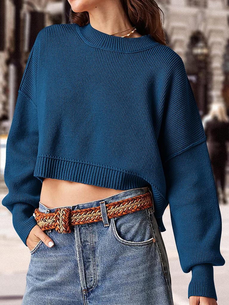 Fashion Solid Color Loose Pullover Round Neck Long Sleeve Knitted Sweater Women