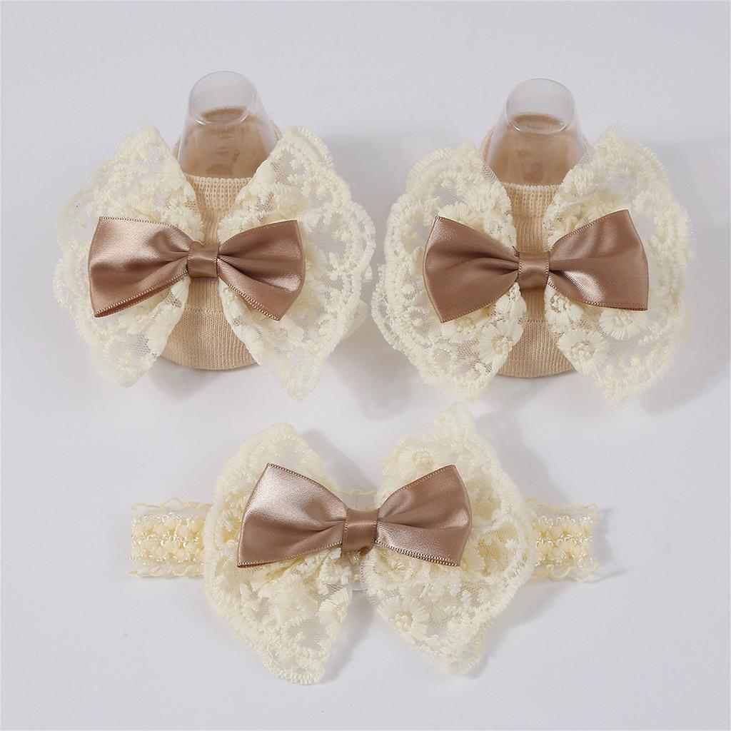 Baby Knitted Breathable Lace Bow Floor Socks + Hairband Color Matching Set