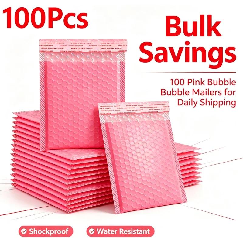 Xiaomi 100Pcs Pink Poly Bubble Mailers Self Seal Padded Envelopes Waterproof Shockproof Mailing Bags Courier Shipping Packaging Pouches