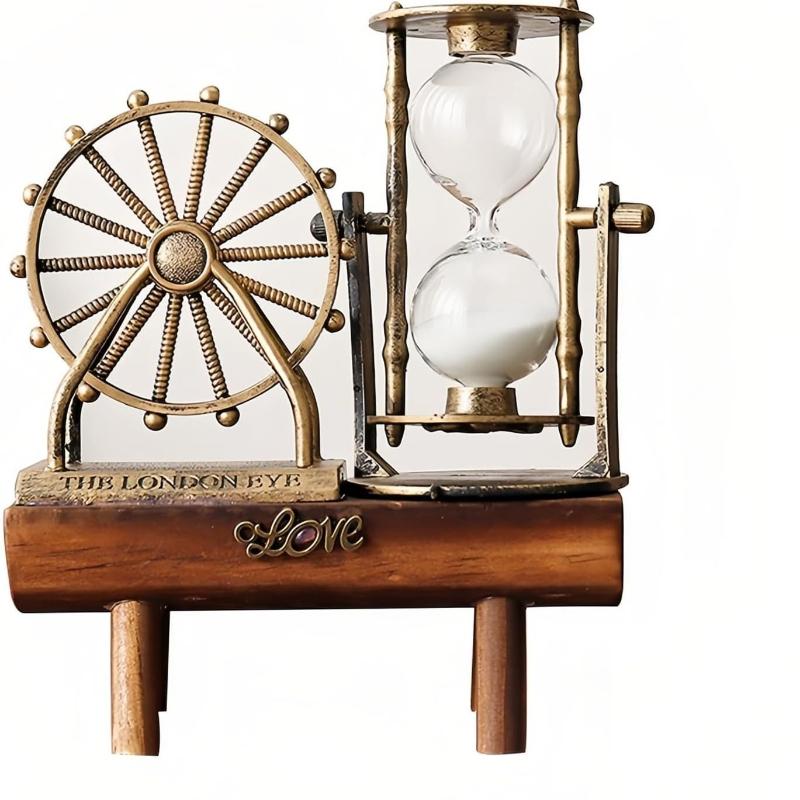 Винтажные песочные часы в виде колеса обозрения в стиле стимпанк - Ручная работа, деревянный декор для стола, сенсорная игрушка ASMR, экологичный подарок в премиальной упаковке (7.8x5.7x2.5 дюйма)