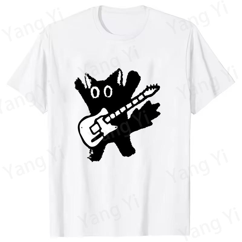Fashion Unisex Tshirt Guitar Black Cat Print Designed Unisex Women Shirt Summer Casual Oversized Loose Couples TShirts Street