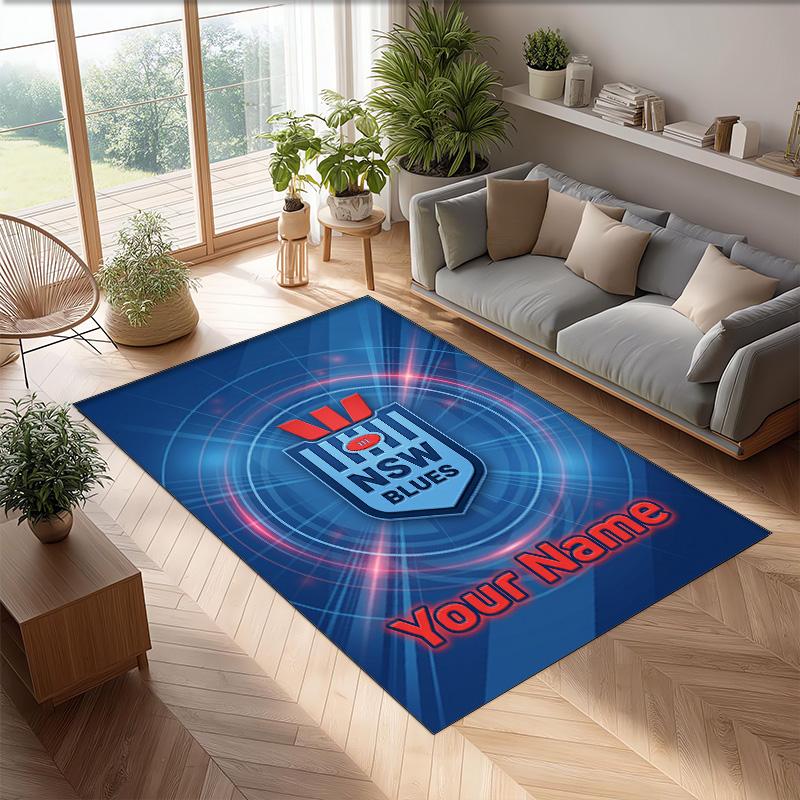 NSW Blues logo Crystal Velvet Rug, Custom Name Text Personalized Non‑Slip Floor Mat for Home Decor Gift