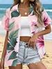 Women's Ombre Pink Hibiscus Leaf Print Button Shirt Casual Short Sleeve Machine Washable Top