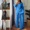 2 Pcs/Set Women Shirt Pants Set Long Sleeves Lapel Collar Pockets Single-breasted Drawstring Hem Blouse High Waist Loose Wide Leg Pants Set Casual