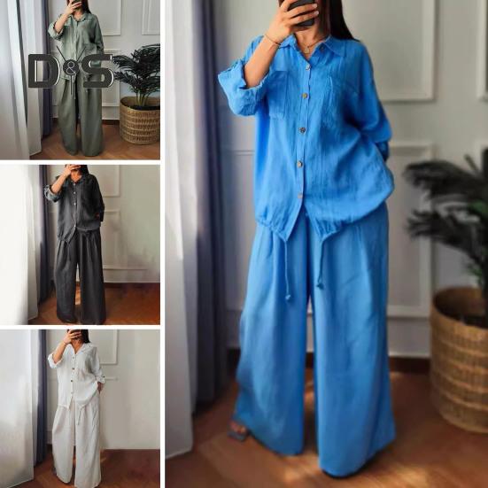 2 Pcs/Set Women Shirt Pants Set Long Sleeves Lapel Collar Pockets Single-breasted Drawstring Hem Blouse High Waist Loose Wide Leg Pants Set Casual
