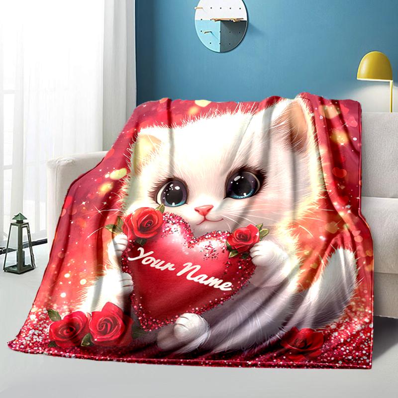 1PC Custom Name Love Heart Kitten Flannel blankets Patterns Throw Blanket All-Season Soft Gift for Couch, Bed, Camping gifts