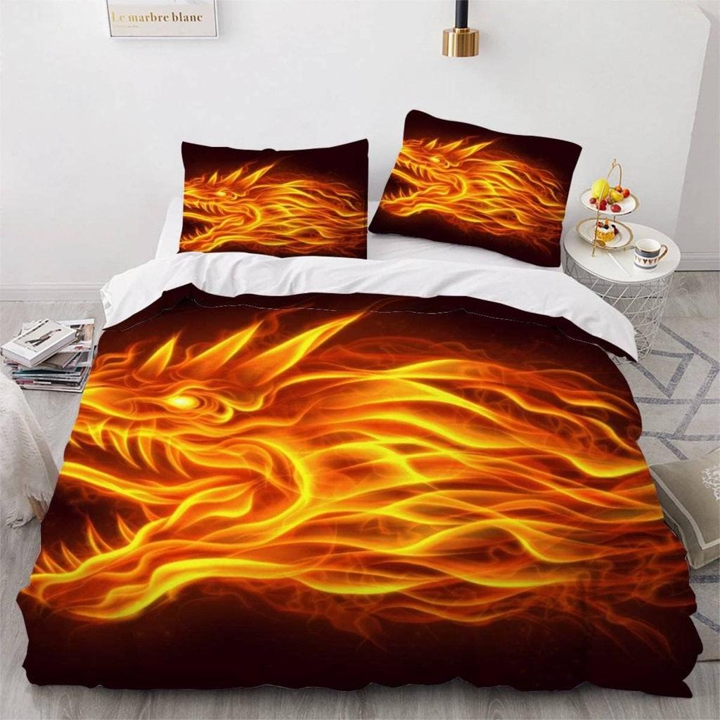 Flame Dragon Duvet Cover Set, Kids Boys Games Flame Wild Animal Comforter Cover and Pillow Cases for Adults Kids Bedroom Decor