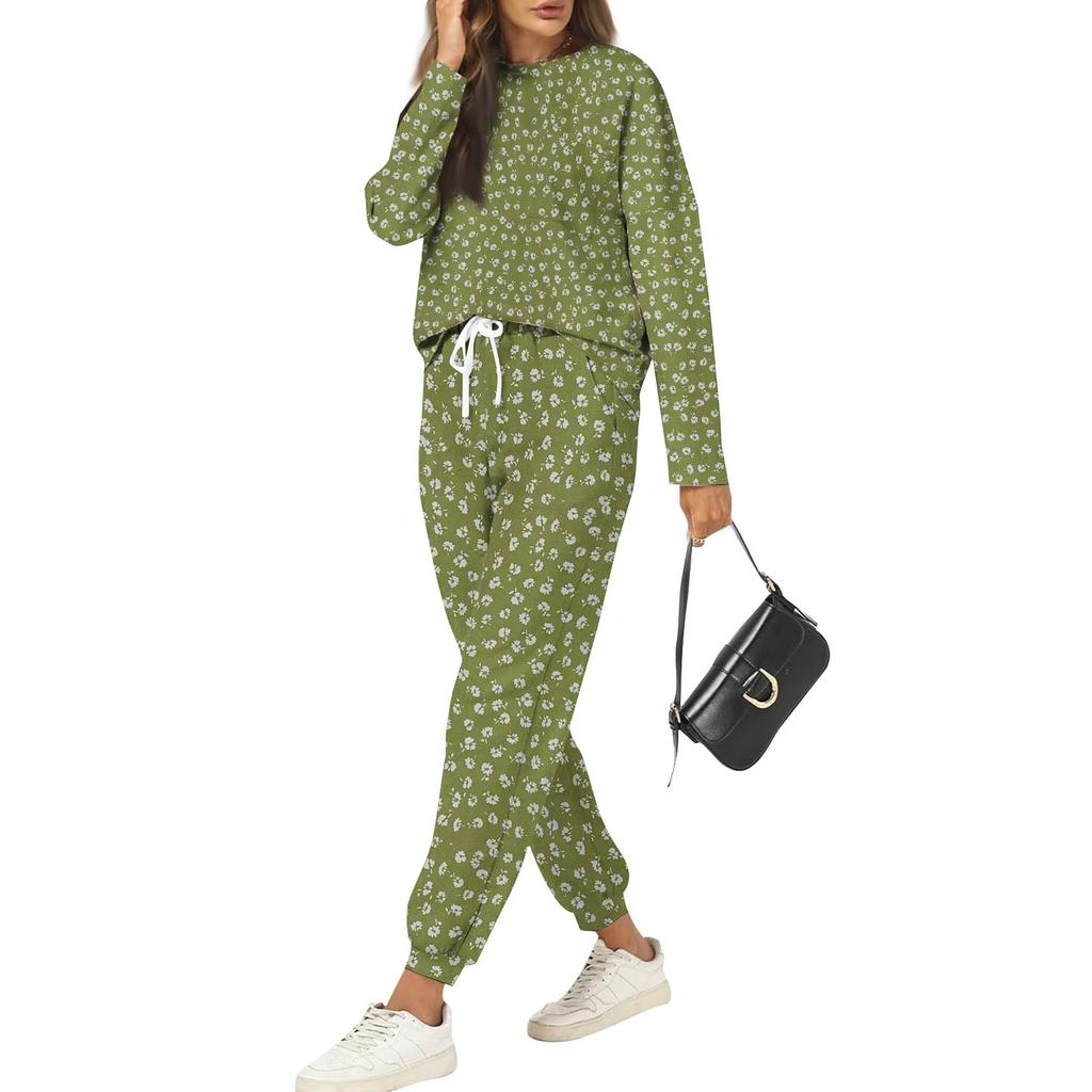 Комплекты для женщин из 2 предметов: футболки с круглым вырезом и длинным рукавом, принтованные спортивные брюки с карманами