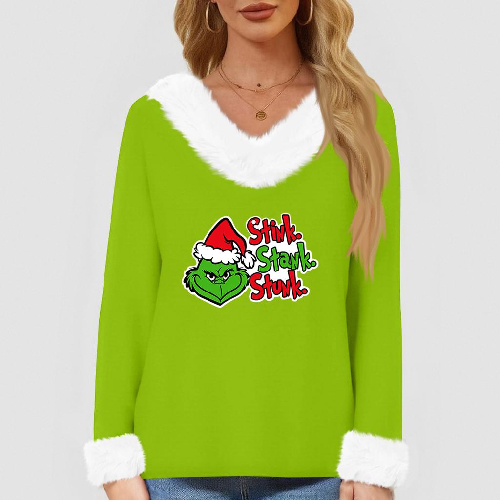 Women's T Shirt Tee Christmas Shirt Long Sleeve Party Christmas Print Fleece Collar V Neck Top