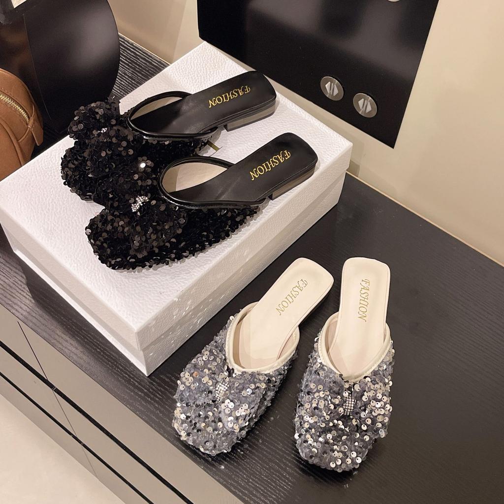 Тапочки Baotou, женская летняя одежда 2025 года, новые универсальные туфли с одной педалью, модные сандалии в стиле феи с блестками Muller