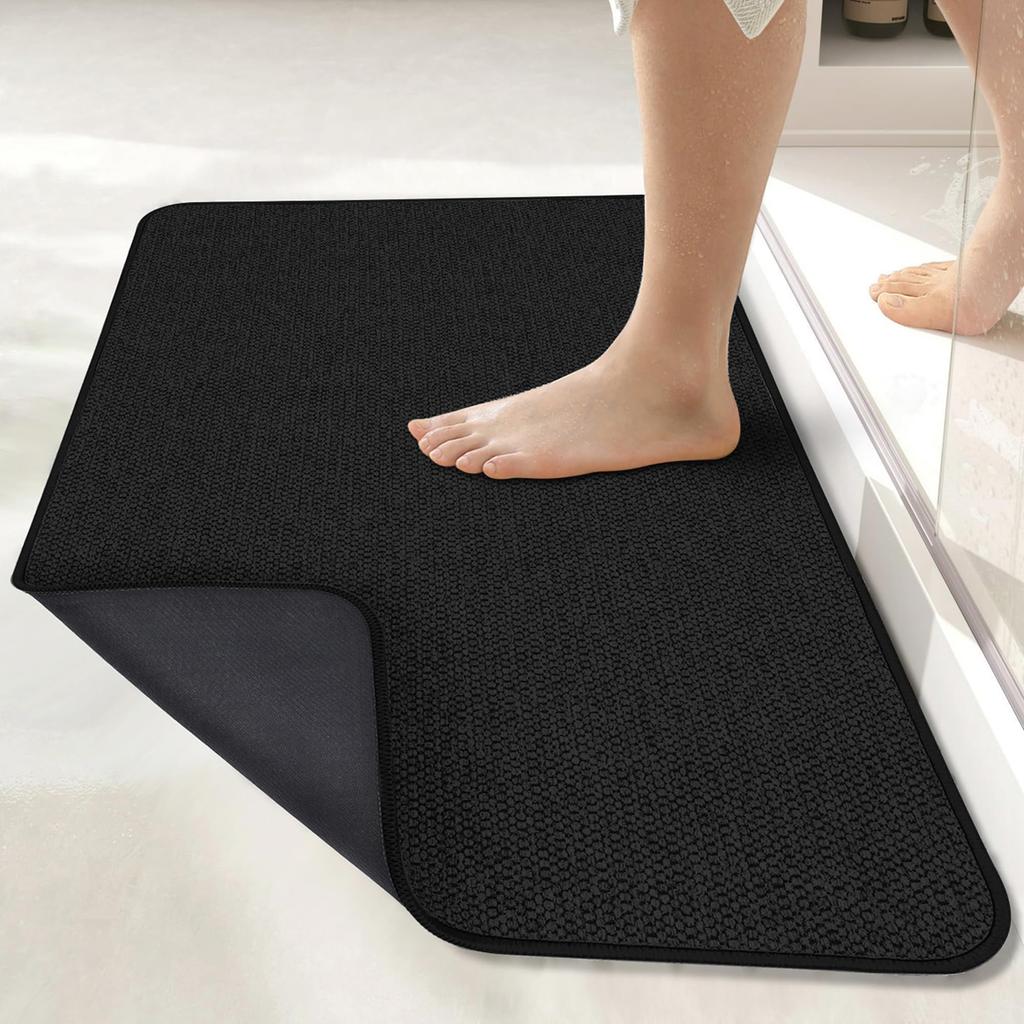 Ultra-thin quick-drying rubber bathroom floor mat; washable doorstop-style absorbent foot pad Black 19x31 inches