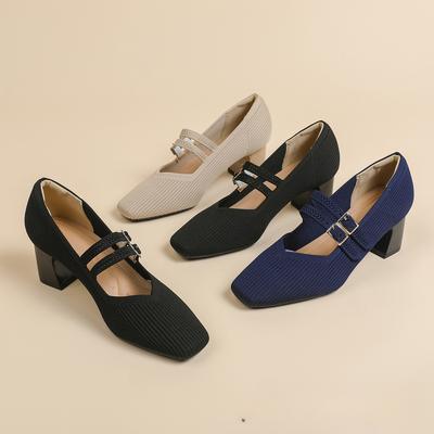 Женские туфли-лодочки Мэри Джейн с квадратным носком, удобные нарядные туфли, трикотажные туфли на толстом каблуке с двойным ремешком, повседневные туфли без застежек для ходьбы, офисные туфли на низком каблуке для женщин