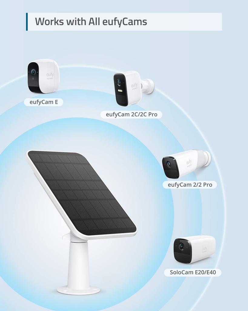 Сертифицированный eufy Security eufyCam Solar Совместимый с Непрерывным Питанием Солнечный IP65 для Наружного Наблюдения и Панель для Зарядки Камеры, eufyCam, Питание,