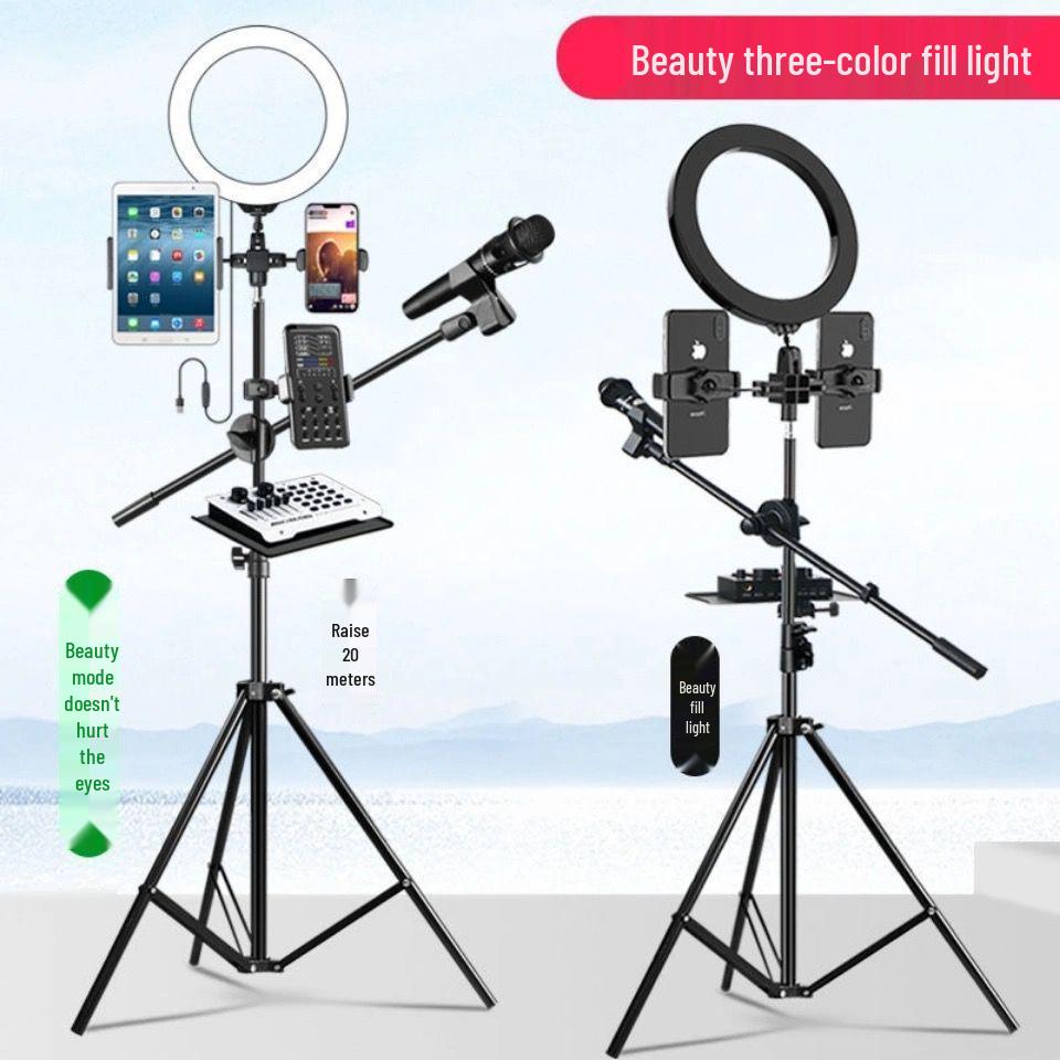Multifunctional Tripod with Beauty Fill Light & Sound Card for Mobile Streaming and Outdoor K-Song