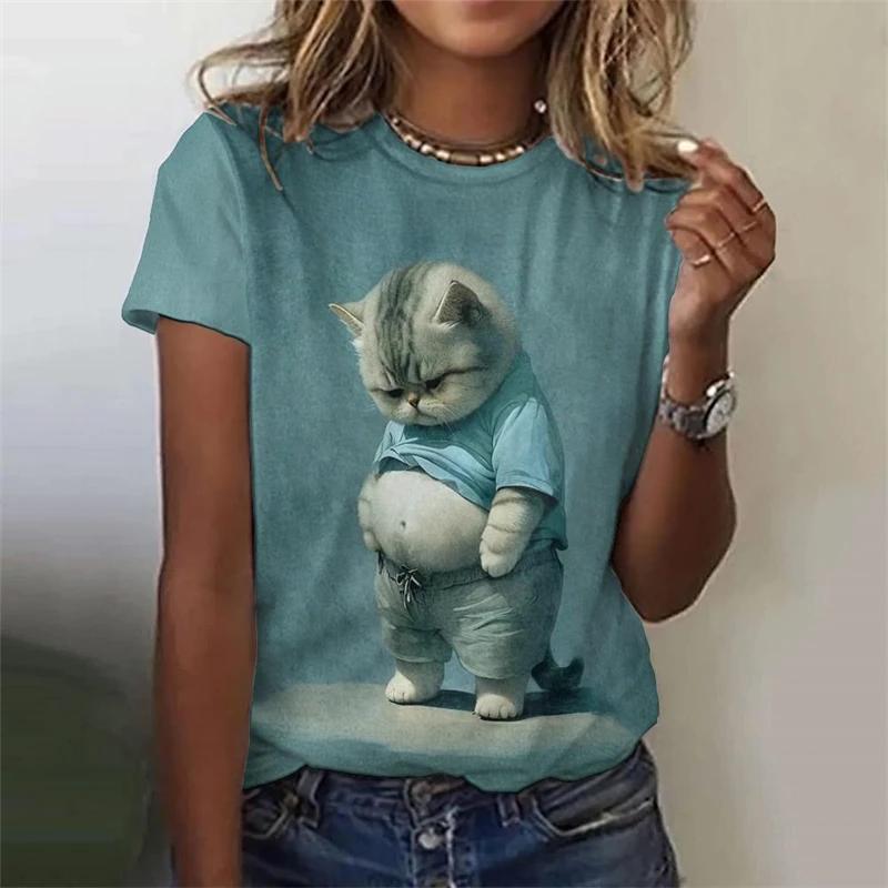Летний топ с круглым вырезом и принтом 3D Funny Fat Cat, модные повседневные женские футболки с короткими рукавами