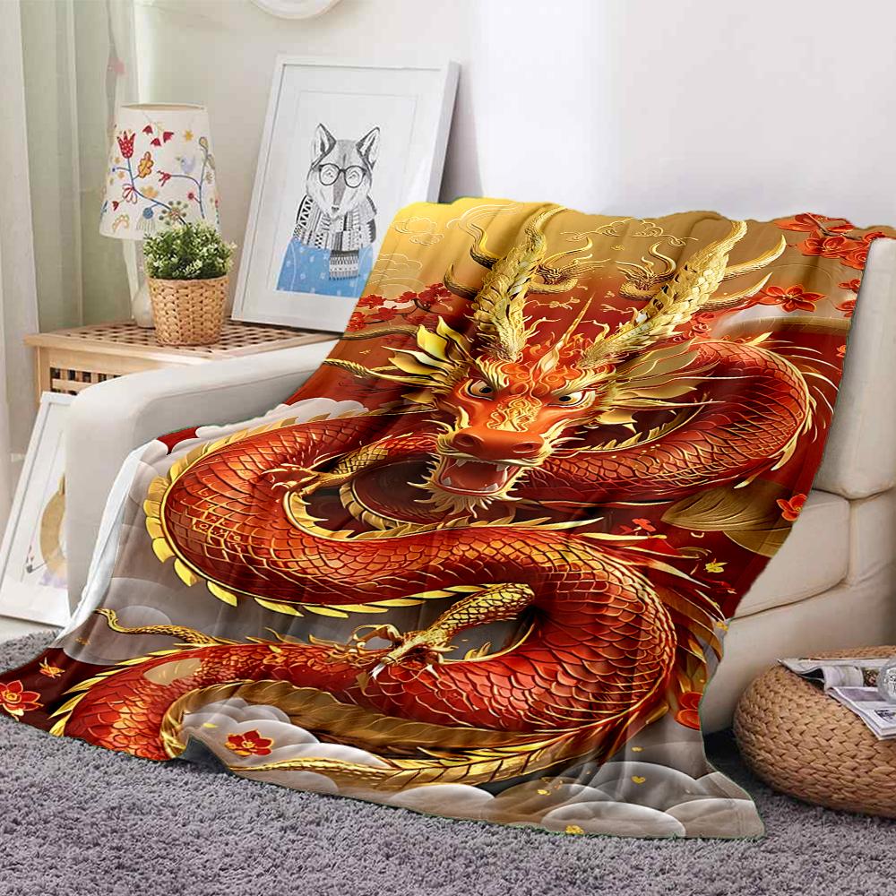 1Pc Golden Dragon Clouds Flannel Blanket, Soft And Comfortable, Casual Warm, Camping Travel, Christmas, Halloween Xmas Gift. G1284