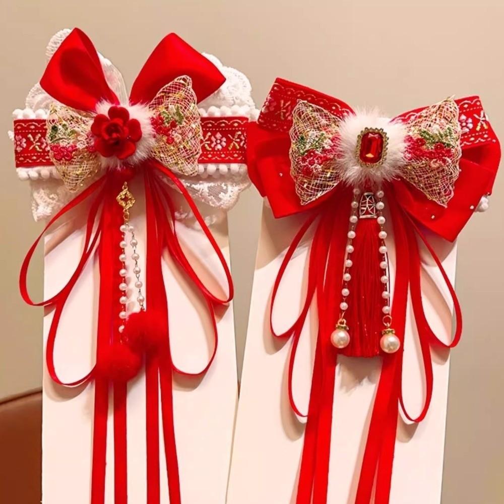 Red New Year Hairpin Tassel Hanfu Hair Ornamen Cute Bow Ribbon Hair Clip Braid